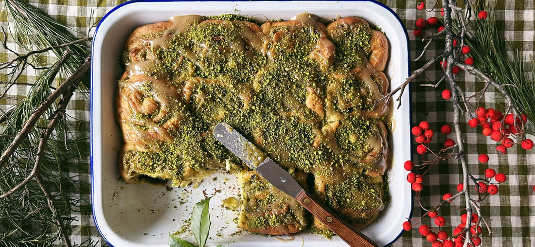 Pistachio Cardamom Buns with Tahini Maple Glaze