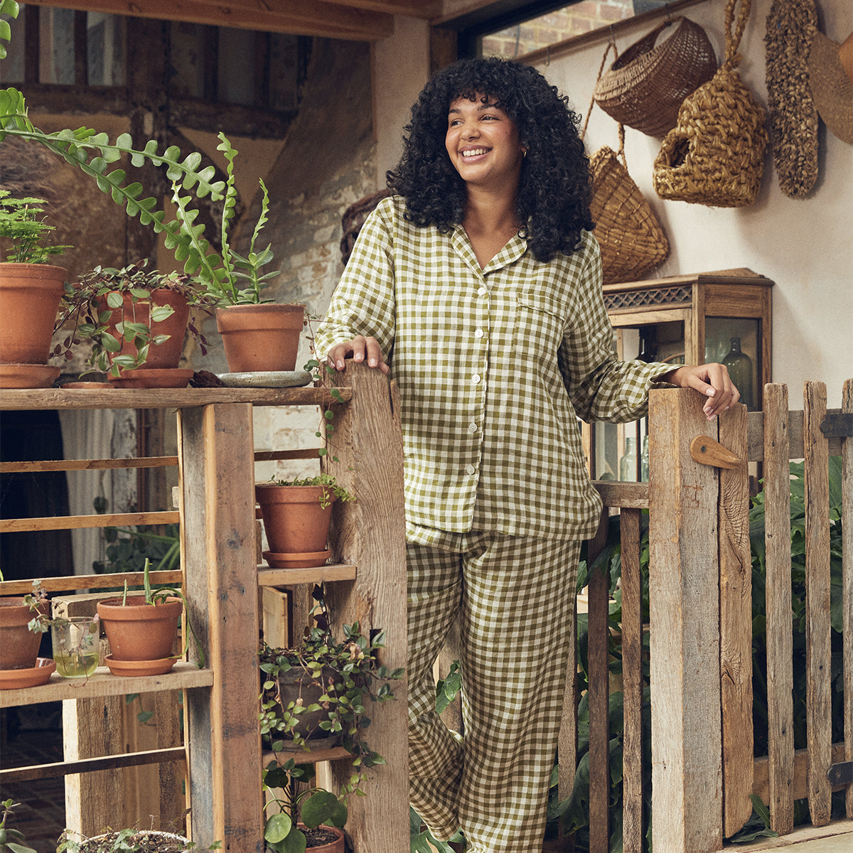 Botanical Green Gingham Linen Blend Pyjama Trouser Set