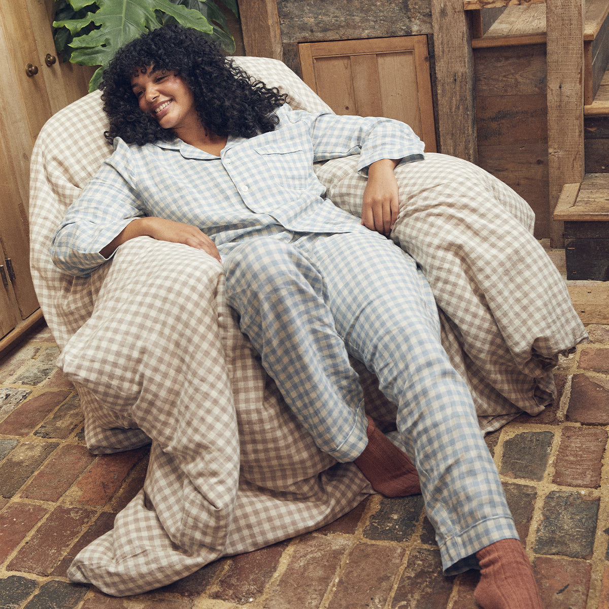 Warm Blue Gingham Linen Blend Pyjama Trouser Set