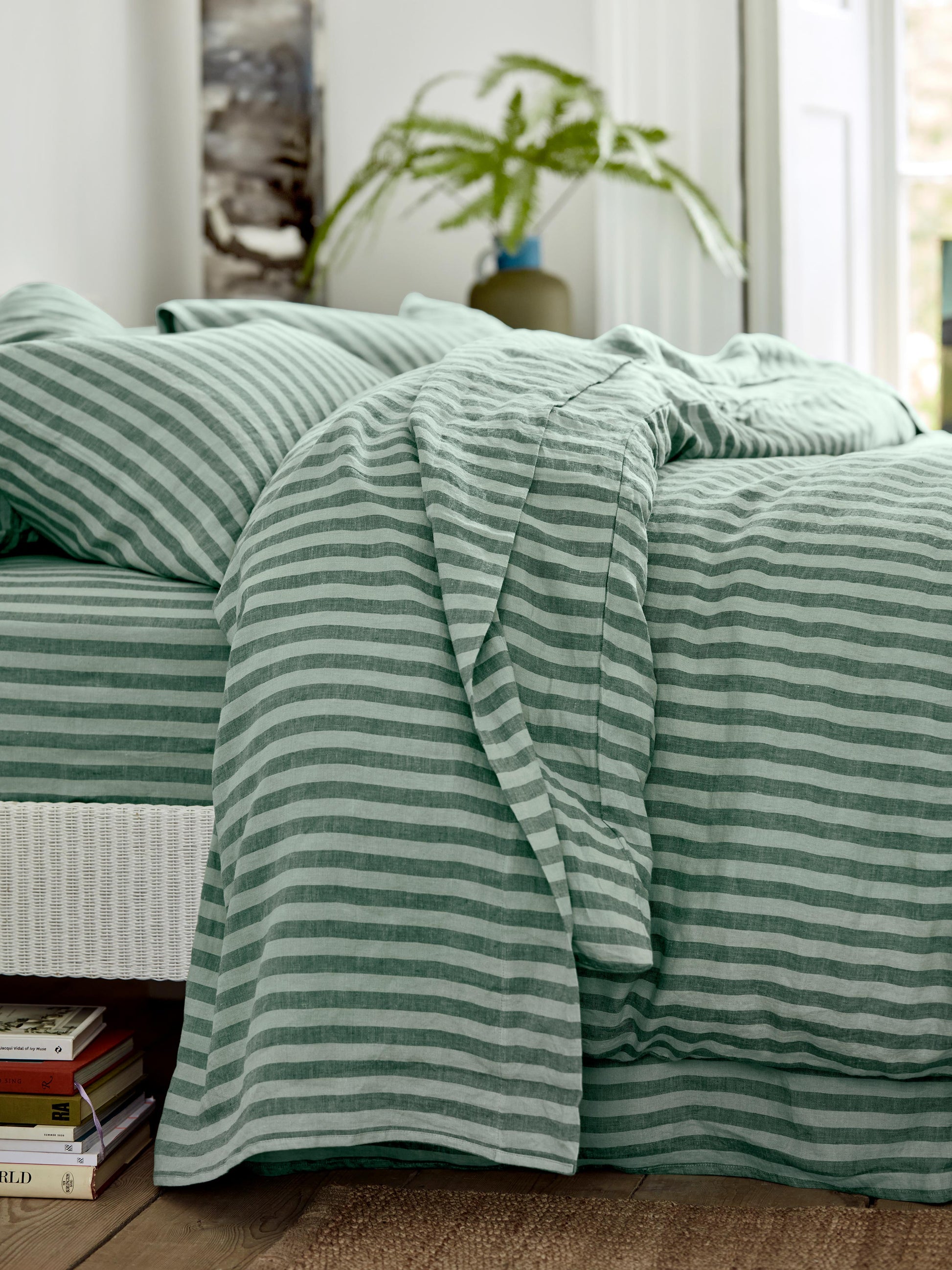 Pine Green Pembroke Stripe Linen Blend Flat Sheet