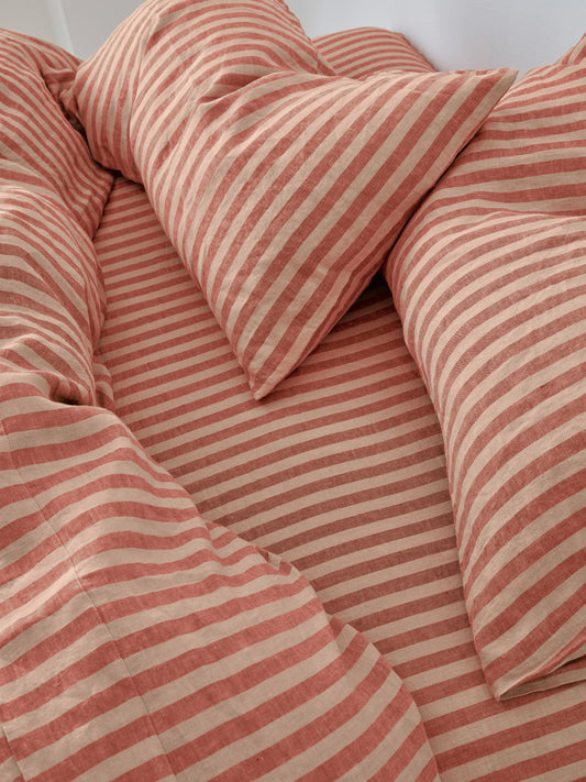 Sandstone Red Pembroke Stripe 100% Linen Fitted Sheet