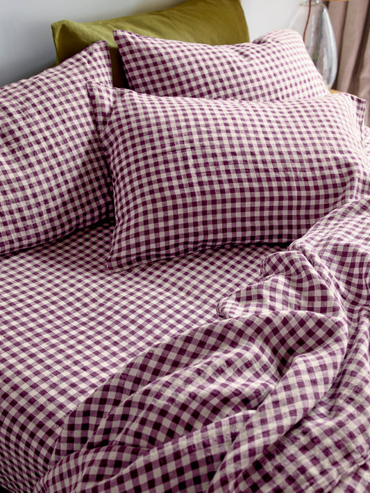 Berry Gingham Linen Blend Fitted Sheet