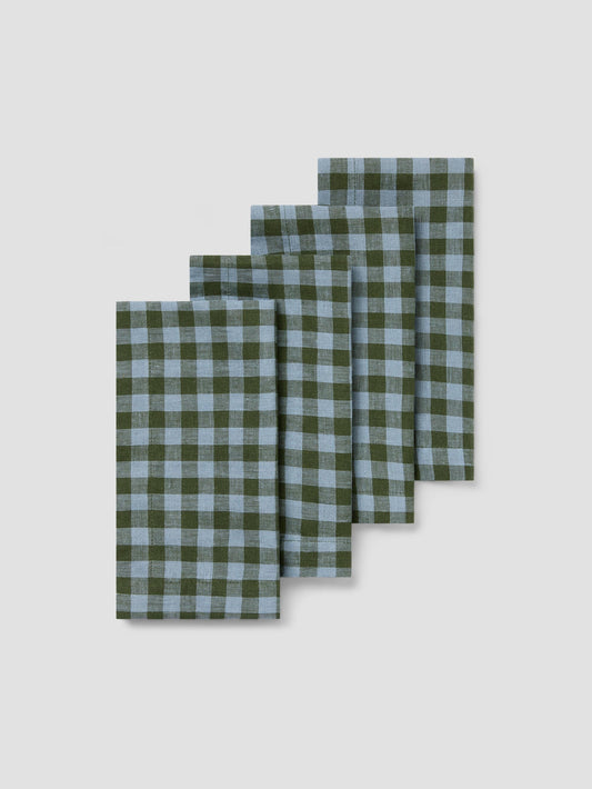 Fern Green & Dusk Blue Colour Drenched Gingham Linen Blend Napkins Set of 4