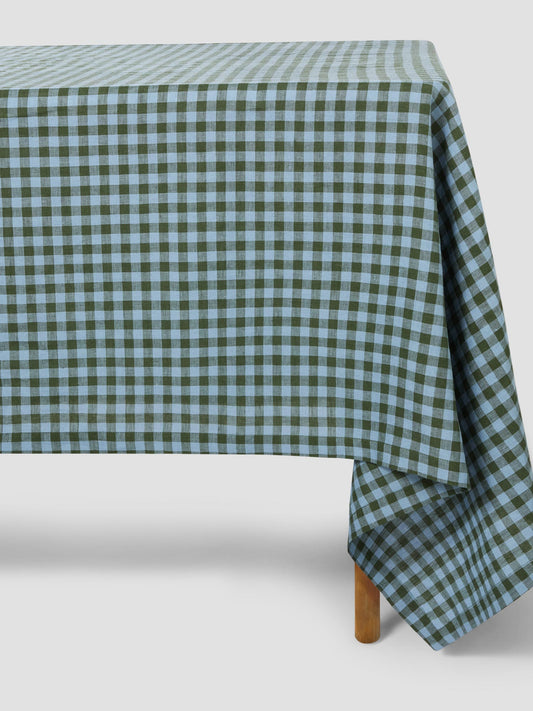 Fern Green & Dusk Blue Colour Drenched Gingham Linen Blend Tablecloth