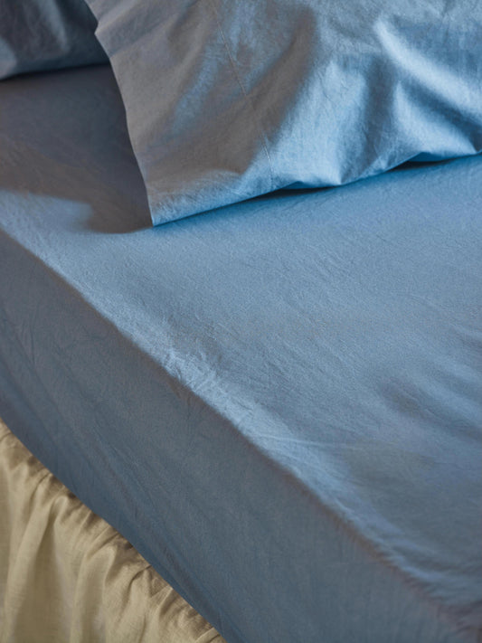 Cove Blue Washed Percale Cotton Fitted Sheet