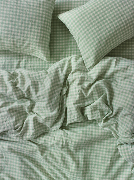 Sage Green Gingham Linen Blend Duvet Cover