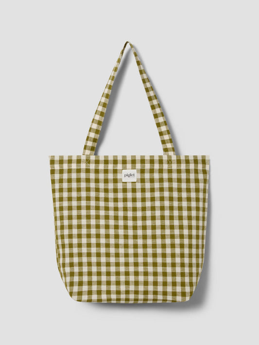 Botanical Green Gingham Linen Blend Tote Bag