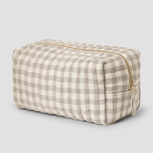 Mushroom Gingham 100% Linen Wash Bag