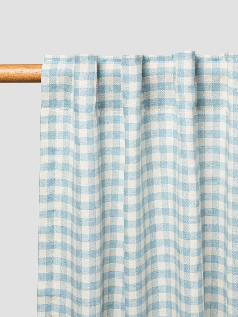 Warm Blue Gingham Linen Blend Curtains (Pair)
