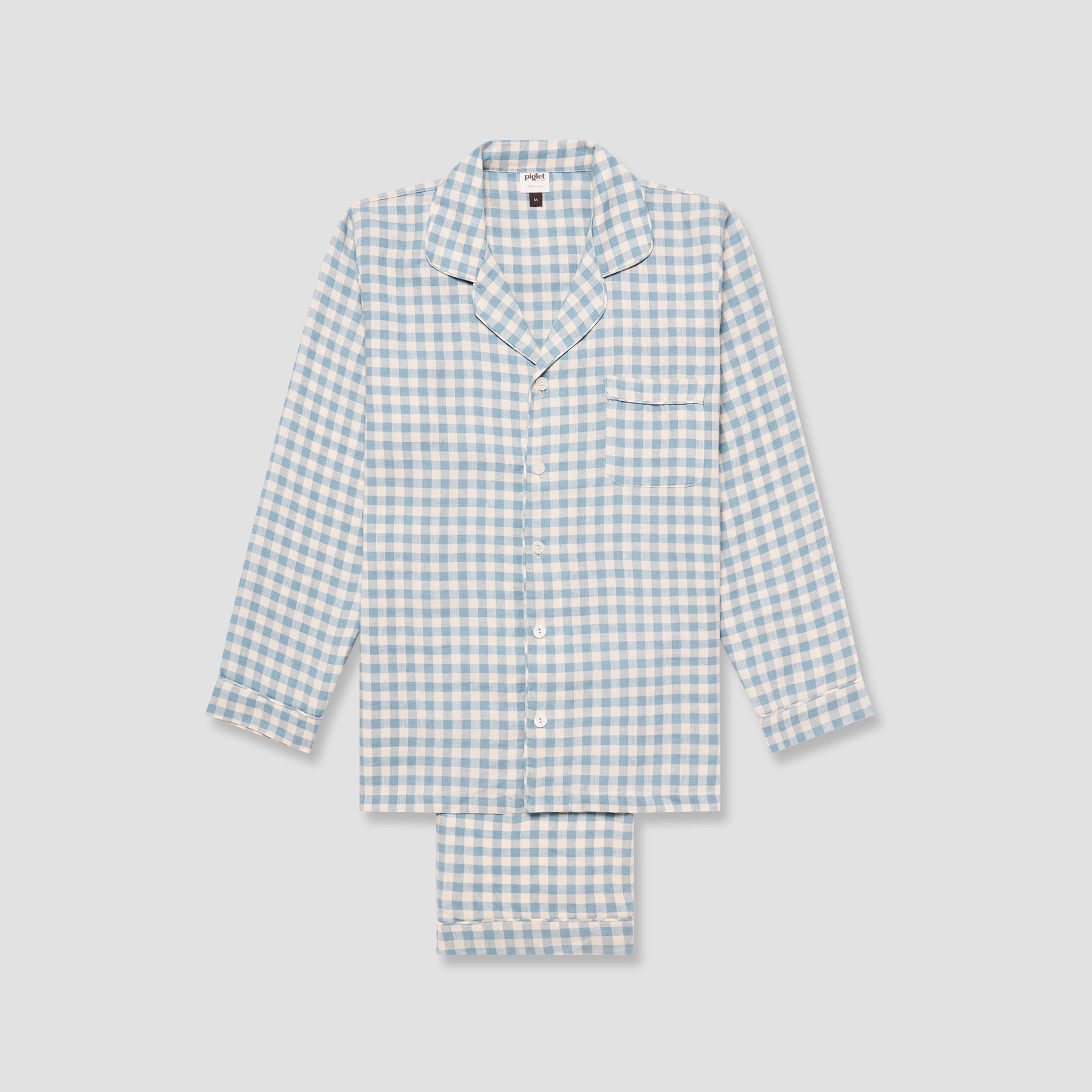 Men's Warm Blue Gingham Linen Pyjama Trouser Set