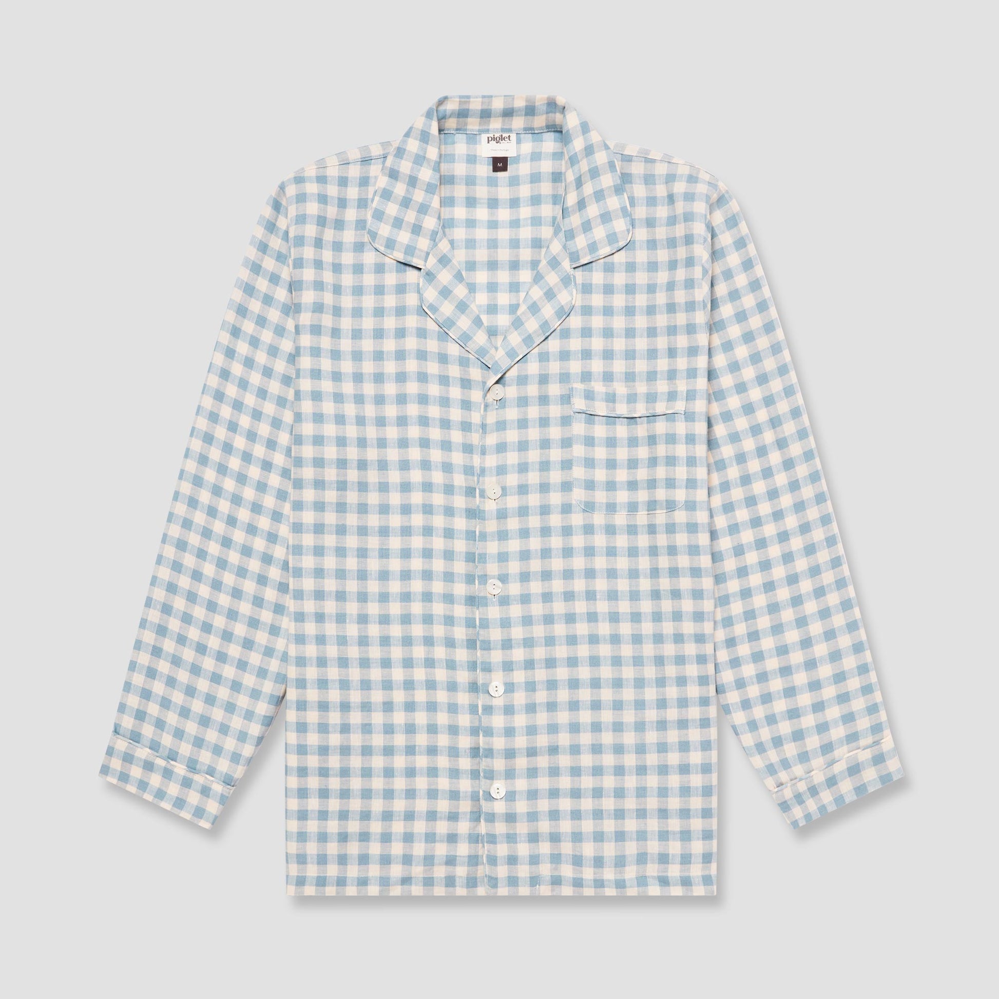 Men's Warm Blue Gingham Linen Pyjama Shirt