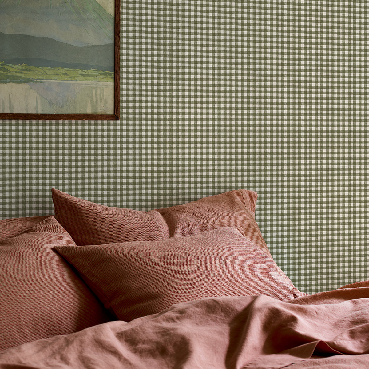 Botanical Green Gingham Wallpaper
