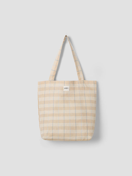 Cafe Au Lait Check Stripes 100% Linen Tote Bag