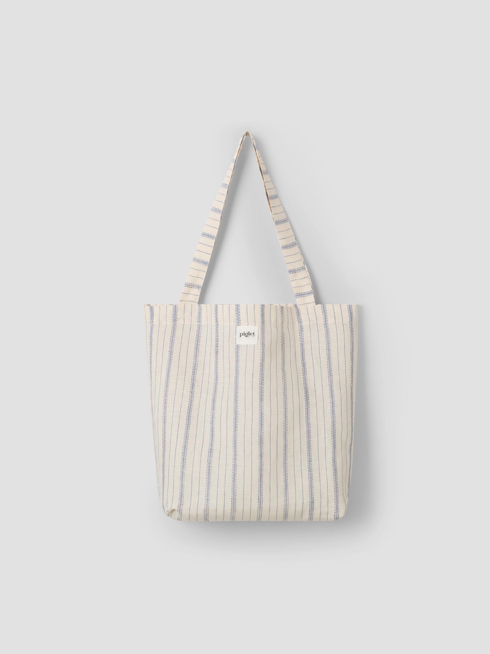Dusk Blue Ticking Stripe 100% Linen Tote Bag
