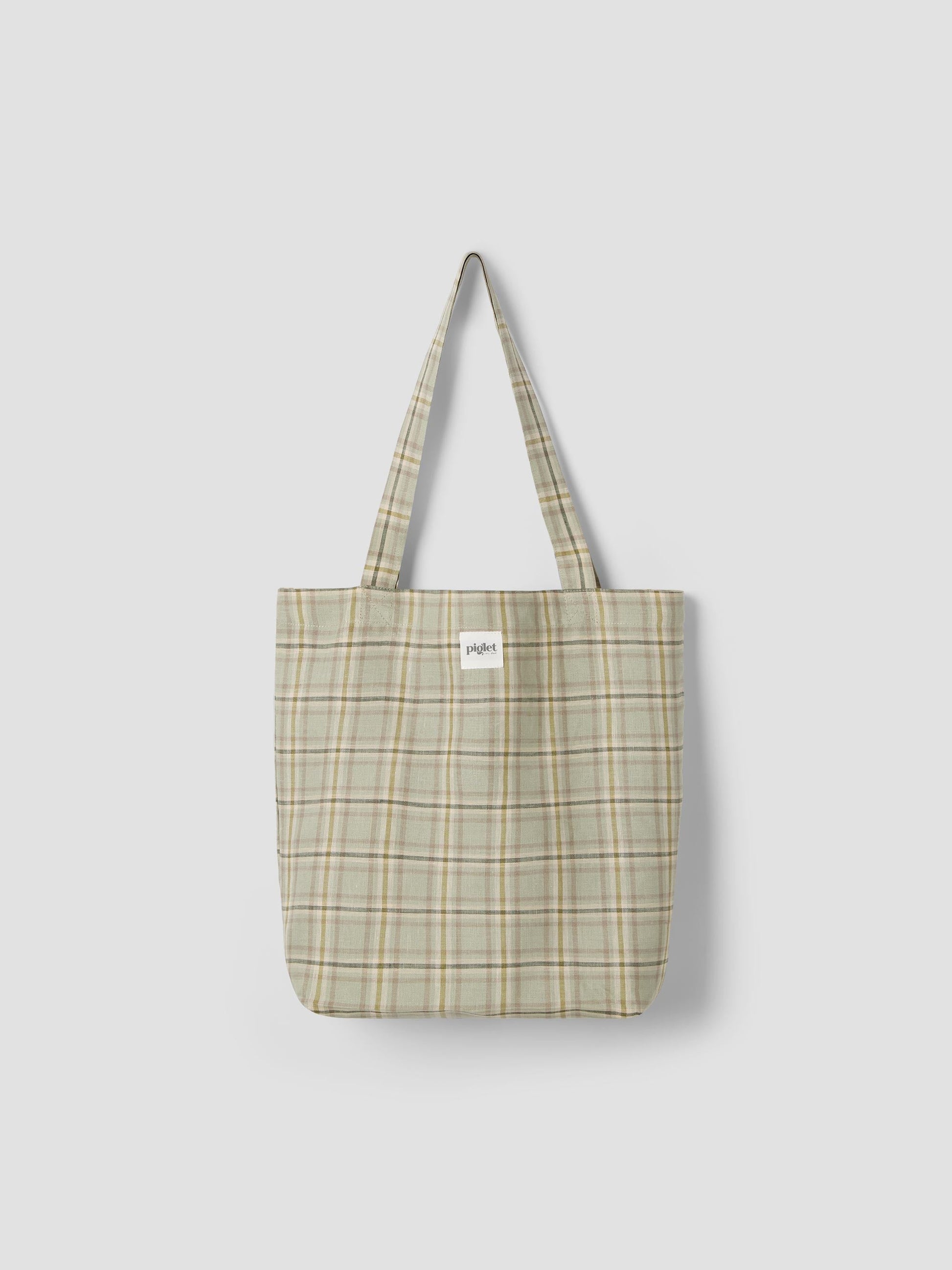Laurel Green Check 100% Linen Tote Bag