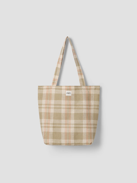 Taupe Check 100% Linen Tote Bag