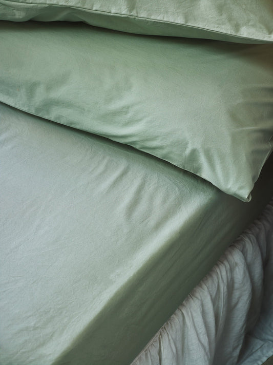 Mellow Green Washed Cotton Percale Fitted Sheet