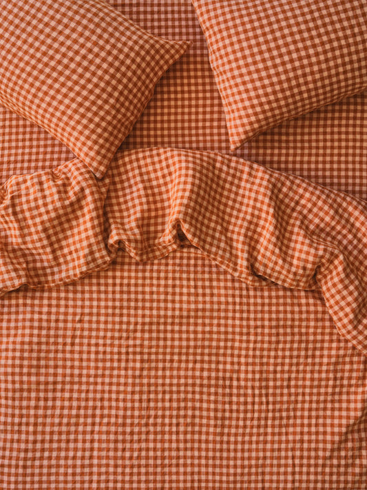 Cinnamon & Peach Colour Drenched Gingham 100% Linen Duvet Cover