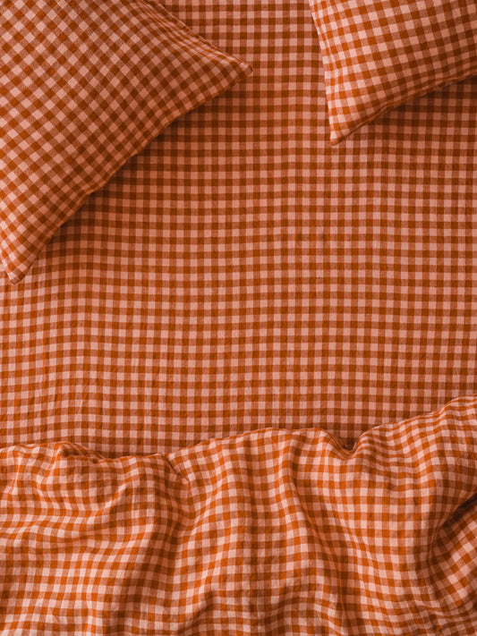 Cinnamon & Peach Colour Drenched Gingham 100% Linen Fitted Sheet