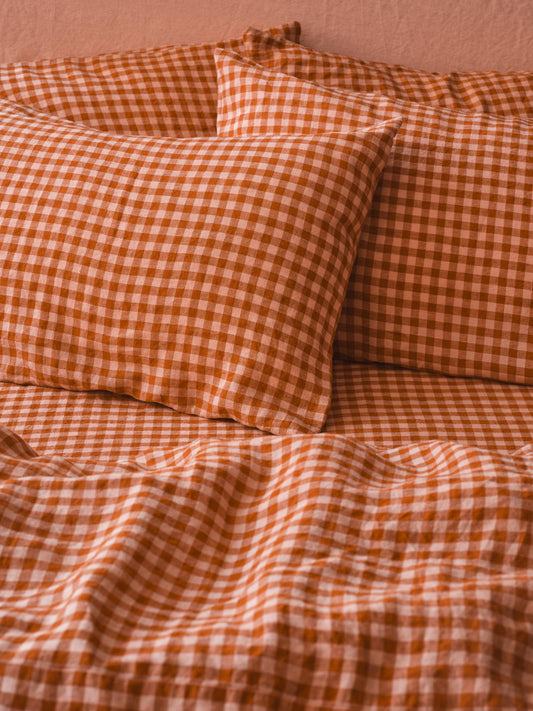 Cinnamon & Peach Colour Drenched Gingham Linen Blend Pillowcases (Pair)