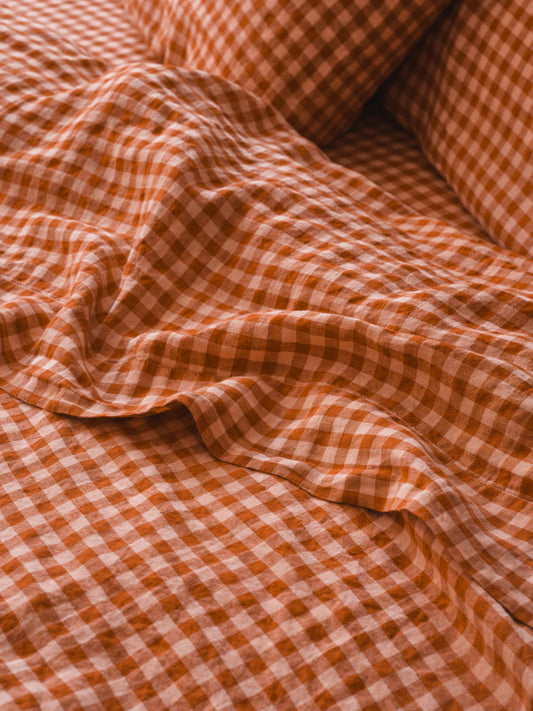 Cinnamon & Peach Colour Drenched Gingham 100% Linen Flat Sheet
