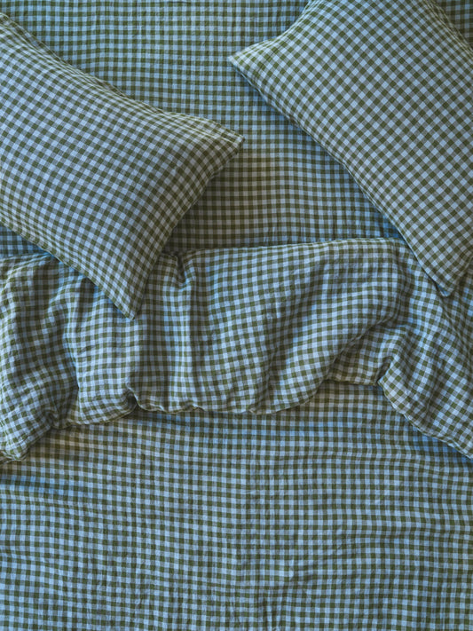 Fern Green & Dusk Blue Colour Drenched Gingham Linen Blend Duvet Cover