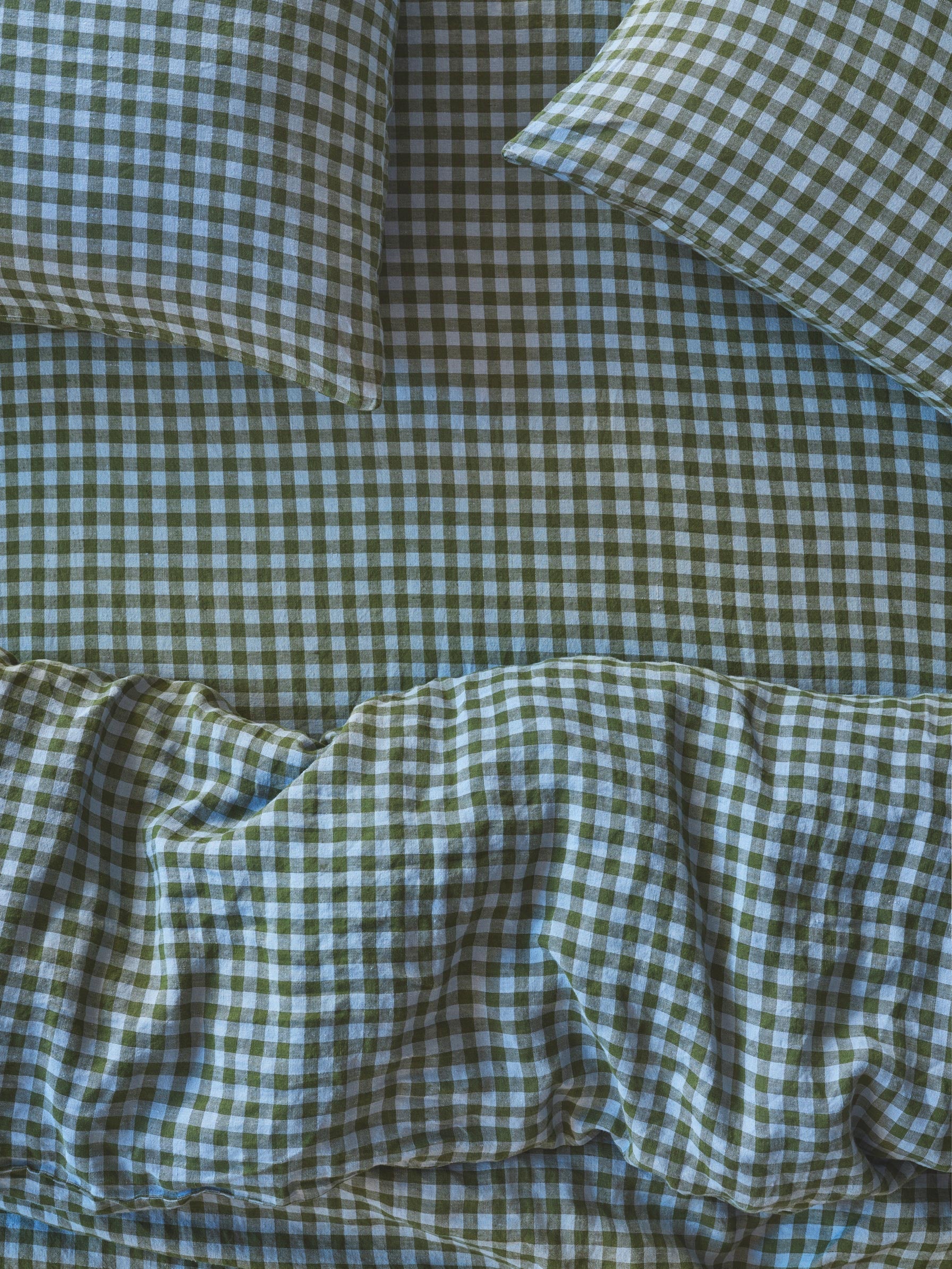 Fern Green & Dusk Blue Colour Drenched Gingham 100% Linen Fitted Sheet