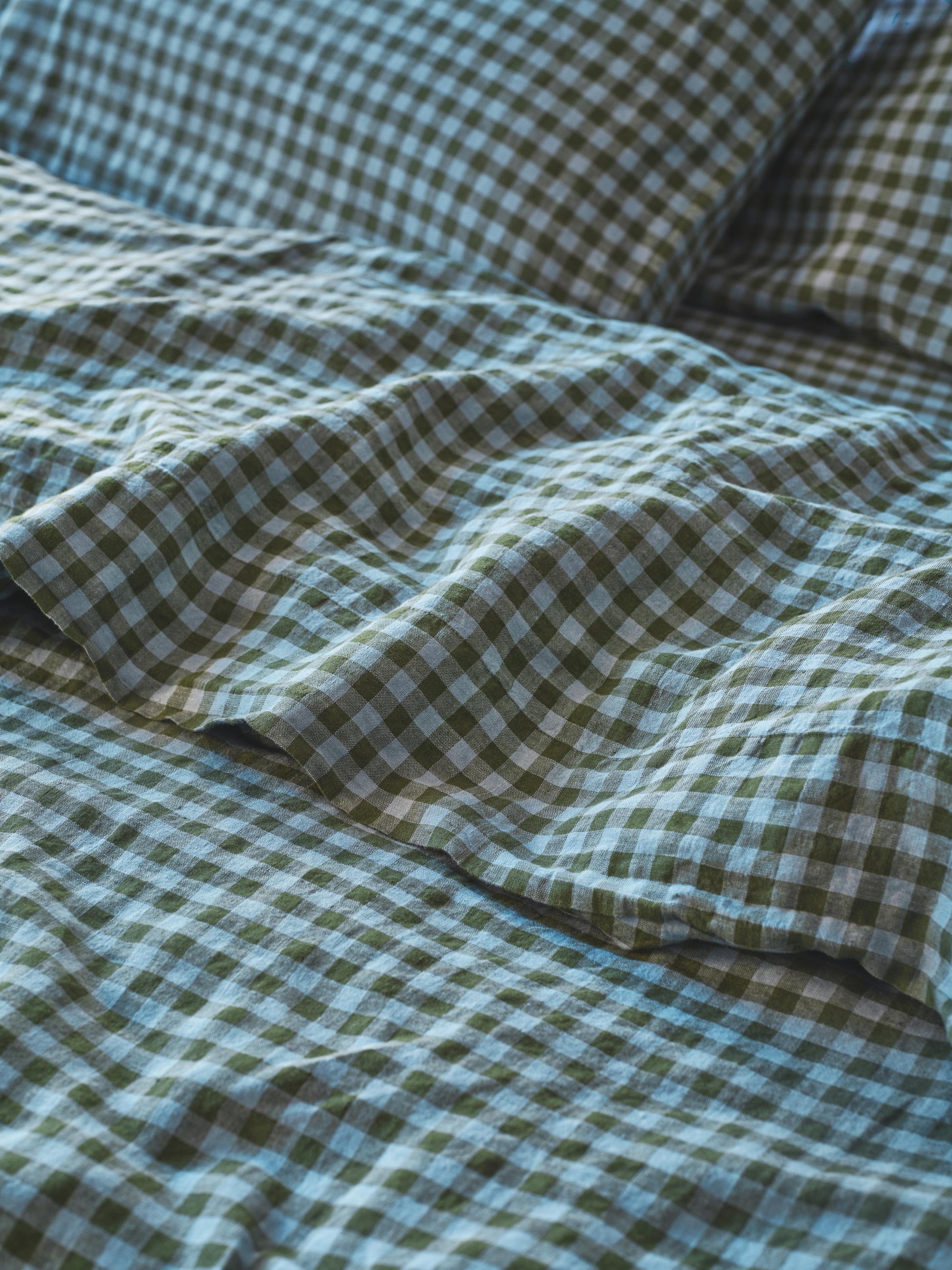 Fern Green & Dusk Blue Colour Drenched Gingham 100% Linen Flat Sheet