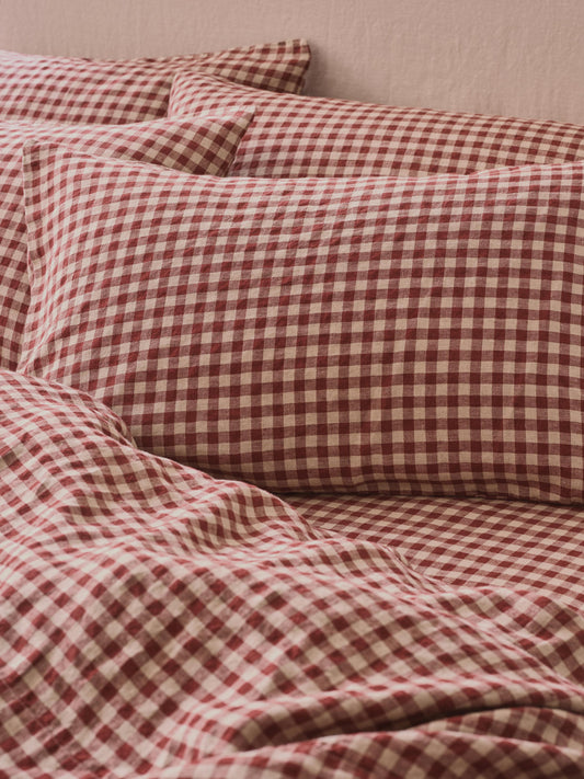 Rhubarb Gingham Linen Blend Pillowcases (Pair)