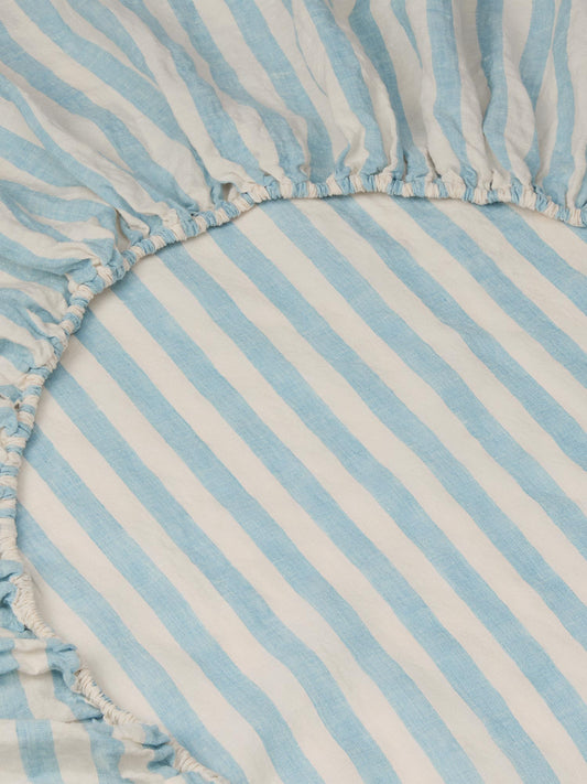 Coastal Blue Pembroke Stripe 100% Linen Fitted Sheet
