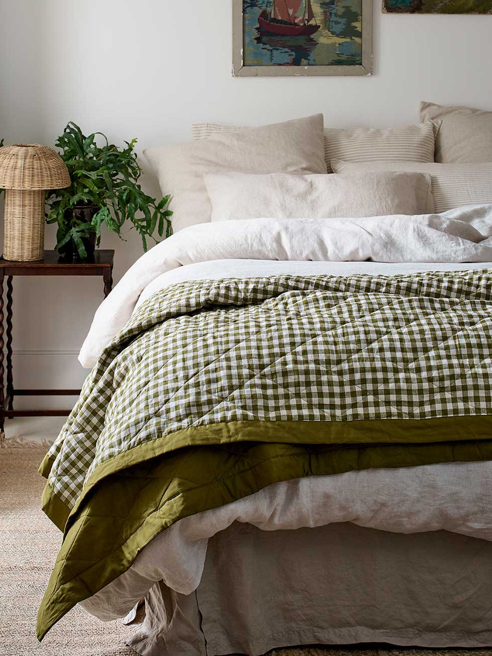 Botanical Green Gingham Linen Quilt