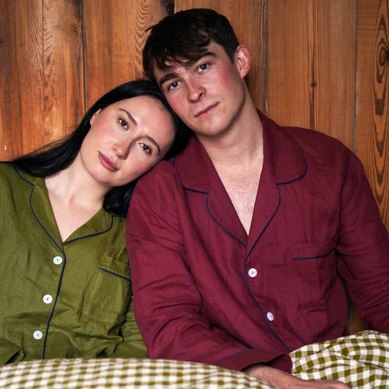 Men's Cherry Linen Pyjama Shirt and Women's Moss Linen Pyjama Shirt 