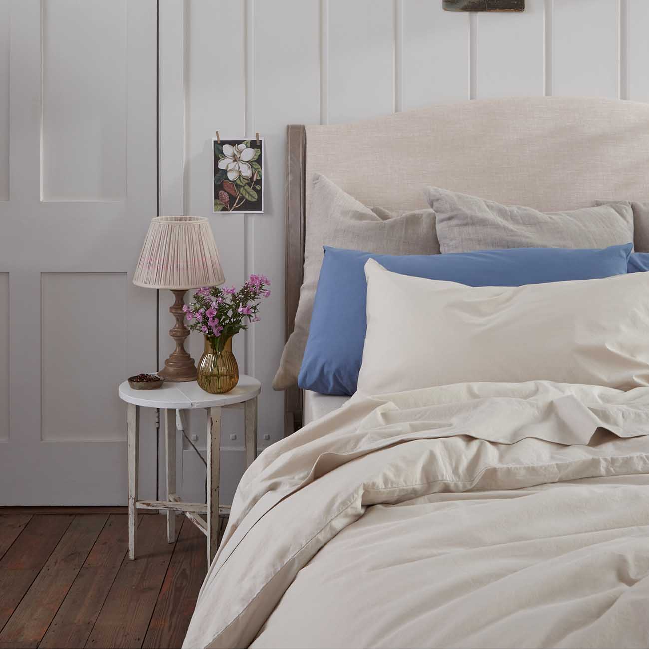 Parchment and Cove Blue Washed Cotton Percale Bedding