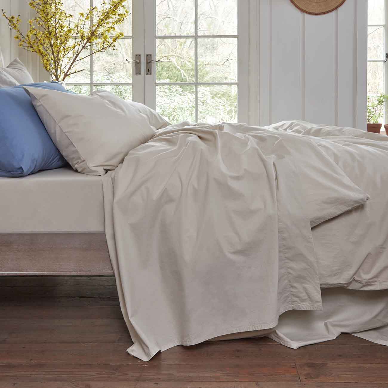 Parchment and Cove Blue Washed Cotton Percale Bedding