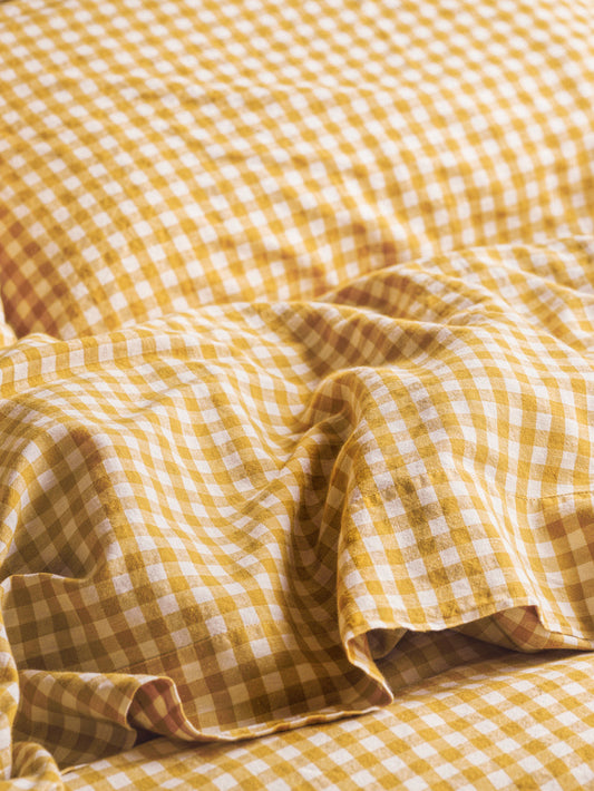 Honey Gingham 100% Linen Flat Sheet