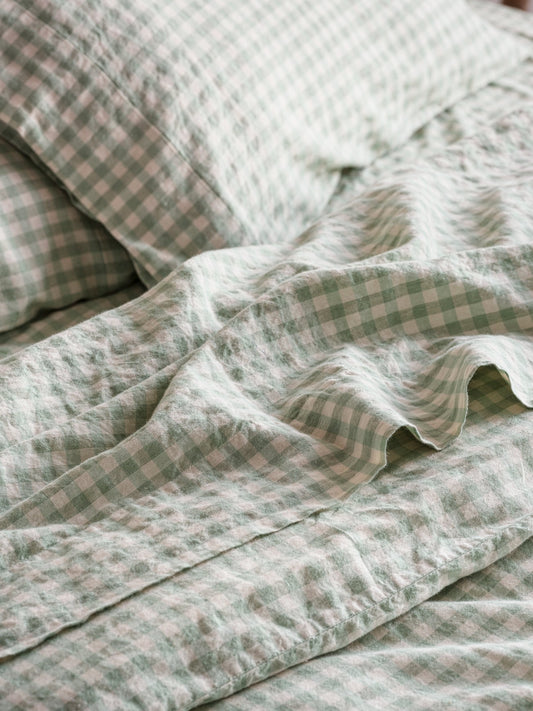Sage Green Gingham Linen Blend Flat Sheet