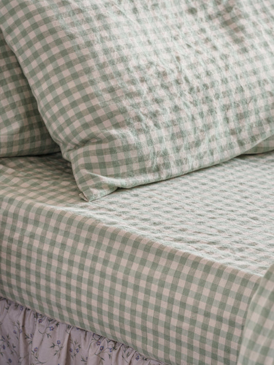 Sage Green Gingham Linen Blend Fitted Sheet