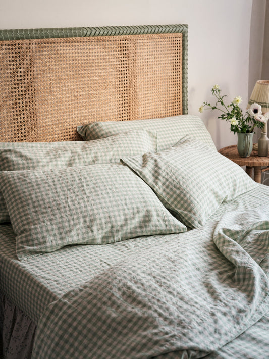 Sage Green Gingham Linen Blend Pillowcases (Pair)