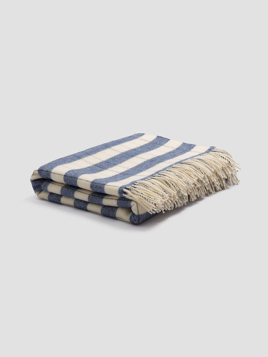 Warm Blue Checked Stripe Wool Blanket