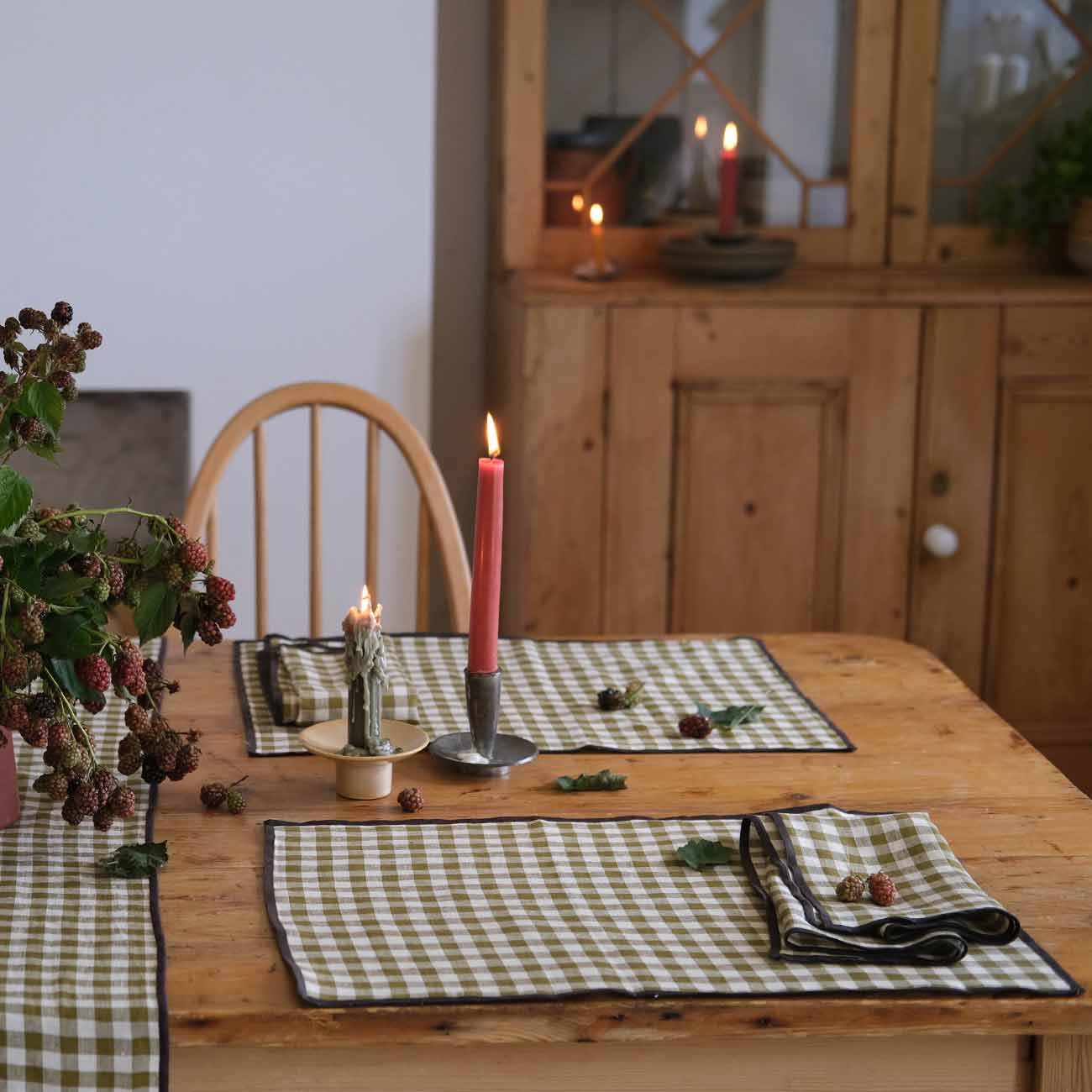 Botanical Green Gingham Linen Placemats, Napkins and Runner