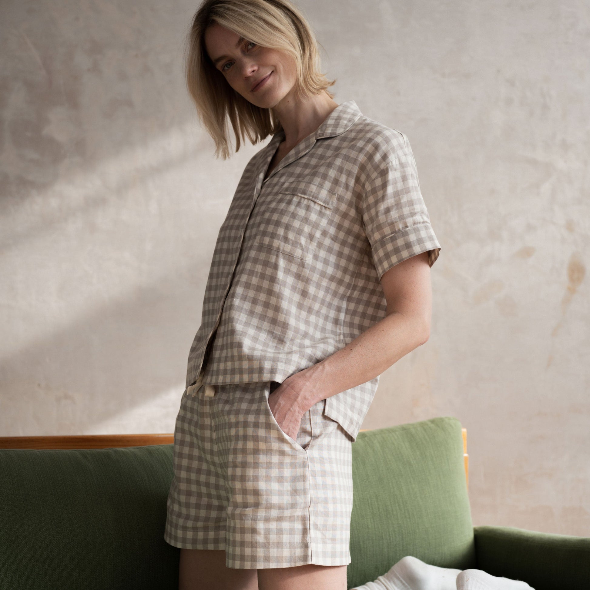 Mushroom Gingham Linen Blend Pyjama Short Set