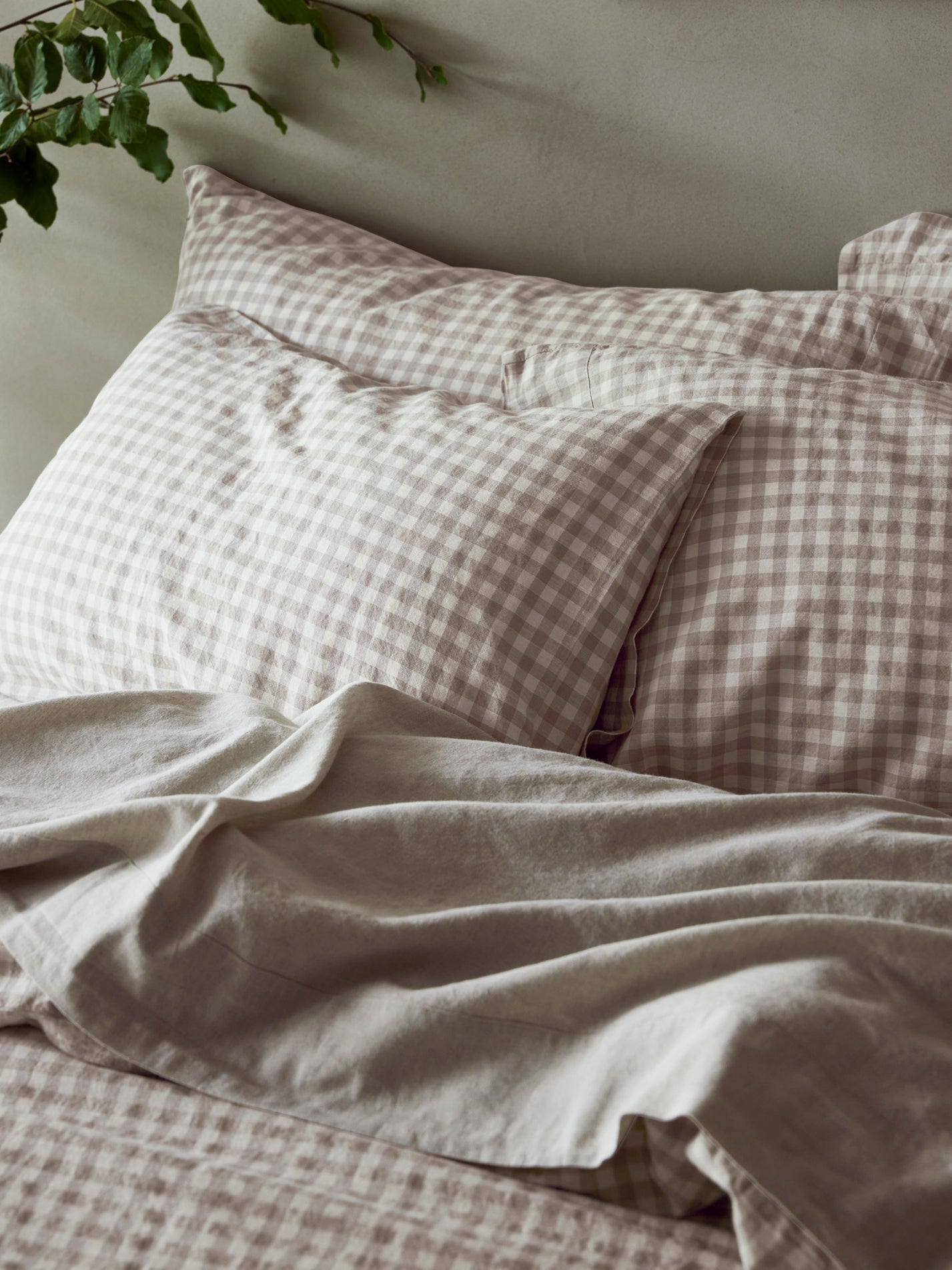 Mushroom Gingham 100% Linen Pillowcases (Pair)