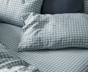 Warm Blue Gingham Linen Blend Fitted Sheet