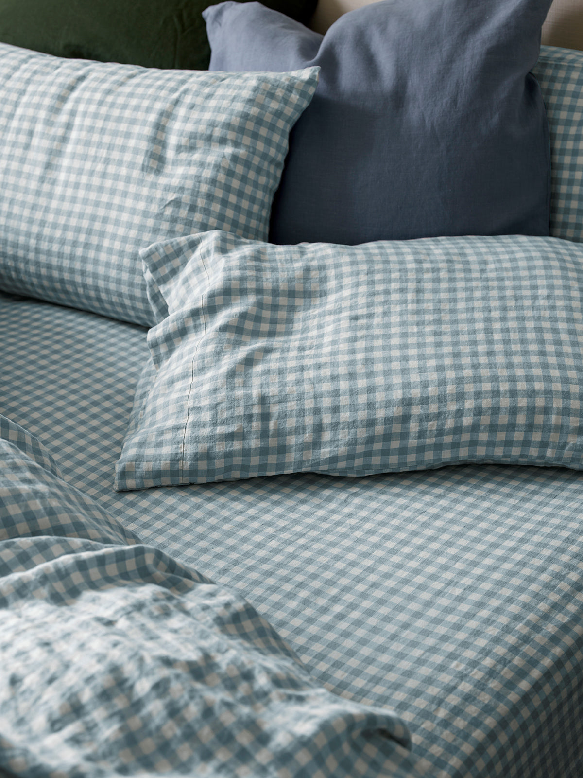 Warm Blue Gingham Linen Blend Fitted Sheet