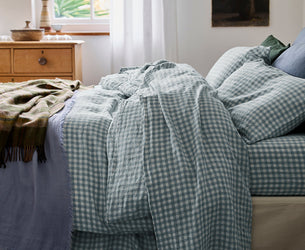 Warm Blue Gingham Linen Blend Flat Sheet