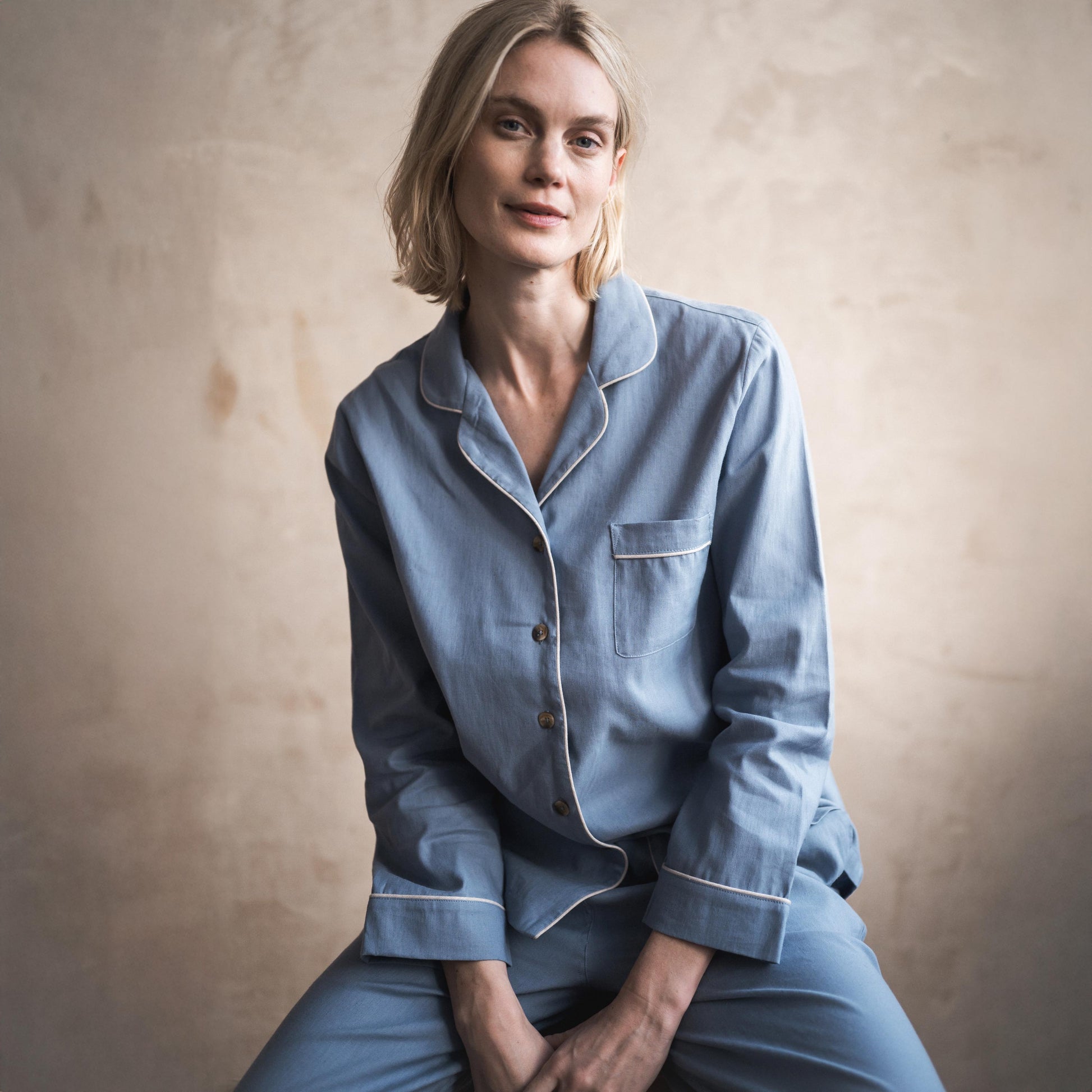 Dusk Blue Linen Blend Pyjama Trouser Set